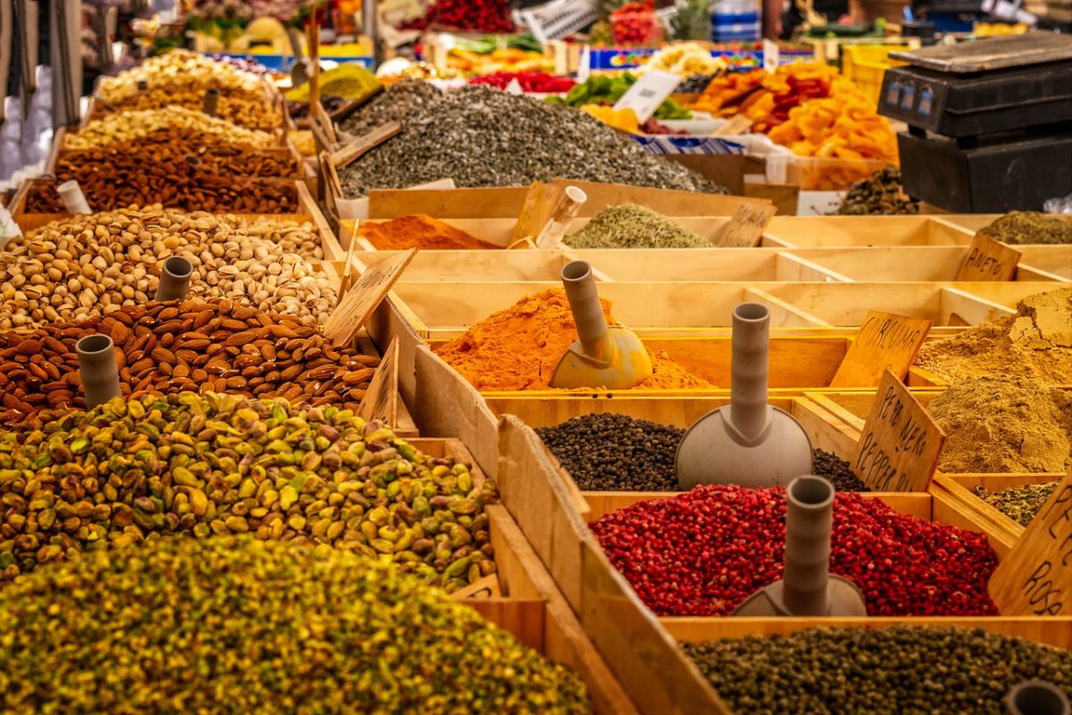 Moroccan market stall with spices and jars